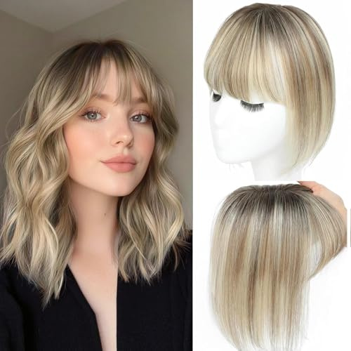 Hair Toppers for Women Human Hair with Bangs Hand-stitched 360°3D Coverage Natural for Thinning HairPieces for Women with Thinning Hair Swiss Base Ombre Light Brown with Blond Highlight（2T613）