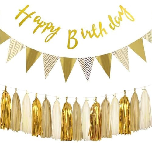 LGWJHCY Gold Happy Birthday Banner, Geburtstag Dekoration Set, Paper Pennant Banner Triangle Flags with Tissue Paper Tassels Garland Paper Garland Birthday Decoration Kindergeburtstag deko