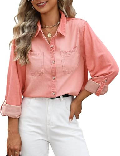 PASUDA Camicia Donna Jeans a Manica Lunga Elegante Camicetta con Scollo a V Cotone Blusa con Bottoni Tinta Unita Denim Shirt Casual Top da Lavoro (Rosa Cipria, M)