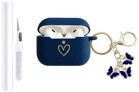 AIIEKZ Kompatibel mit AirPods Pro 3 Hülle Cover 2025, weiche Silikonhülle mit goldenem Herzmuster für AirPods Pro 3. Generation Hülle mit süßem Schmetterlings-Schlüsselanhänger (Mitternachtsblau)