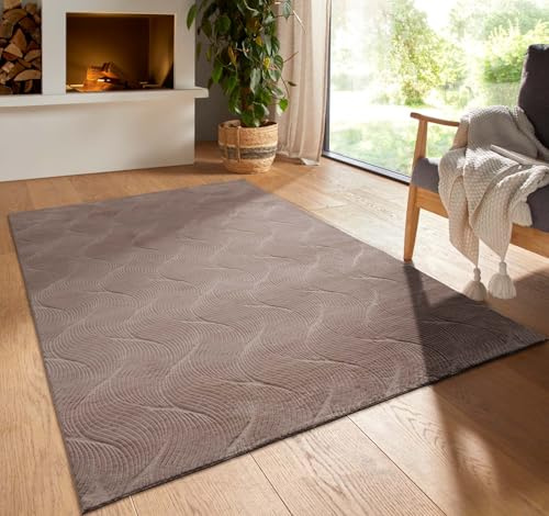 Taracarpet Kurzflor Boho Skandi Polyester Teppich in 3D Optik waschbar, pflegeleicht und robust ideal fürs Wohnzimmer, Schlafzimmer und Kinderzimmer auch als Badematte Taupe Düne 120x170 cm