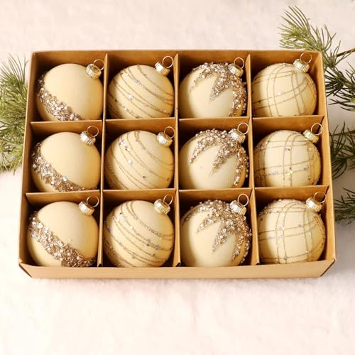Odot 12 Stück Weihnachtskugeln Kunststoff Samt Rot Khaki Beige Grün Weihnachtskugeln Ornamente Bunt Weihnachtsbaum Deko für Christbaumschmuck, Hochzeit, Party, Geburtstag, Weihnachtsdeko (Beige)