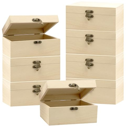JTKDG 8er Set Holzbox mit Deckel und Verschluss - 17x13x8 cm - Unbehandelte Holzkiste zum Basteln, Bemalen & Gestalten - Kleine Schatztruhe & Schmuckschatulle für DIY Kunstprojekte
