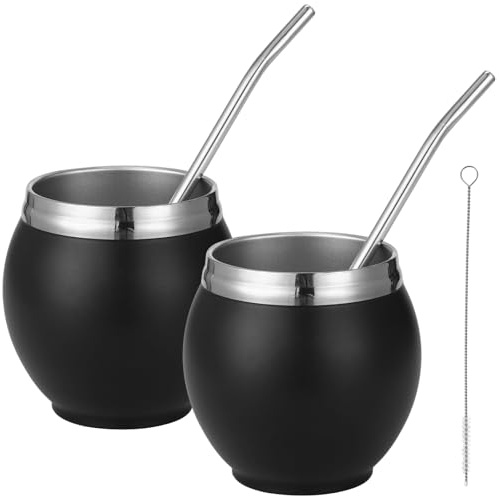 Skdqiee 2 Pcs Yerba Mate Cup Set, 9.5 oz/280 ml Stainless Steel Mate Gourds, Sleek Matte Body, Stainless Steel Straws, Ideal for Traditional Mate Tea Drinking, Black