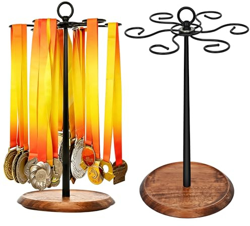 ohbien 360 Grad Drehbares Medaillenhalter Medaillen Aufhänger Holz für über 30+ Medaillen, Ohne Bohren Medaillenhalter Tisch Medal Holder Stand für Laufen Gymnastik Fussball Schwimmen