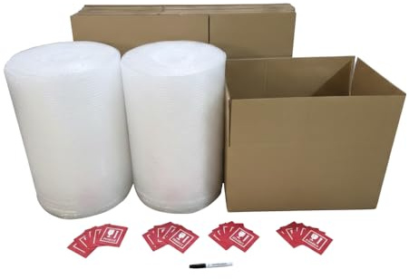 Kit Déménagement T2 Complet – 20 Cartons 54L (Renforcés 4mm) + 2 Rouleau Bulle 50cm x 20m + Feutre + 20 Étiquettes Fragile – Pack Tout-en-Un Appartement & Duo