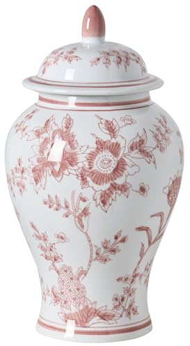 Blumenvase mit Deckel groß rund Porzellan weiß/hellrot handgemacht Deckelvase 38 cm hoch Sewilla