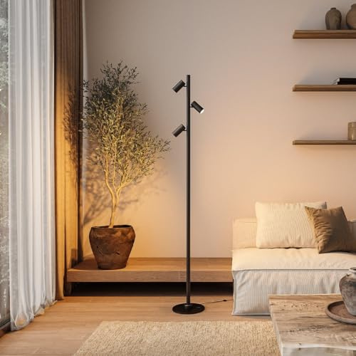 NEONA ARCA 7 LED Stehlampe mit Click & Connect-System, Modulare Stehleuchte 160 cm mit 3x 360° Spot & Beam, Warmweiß 2700K Wohnzimmer Leseleuchte (Schwarz)