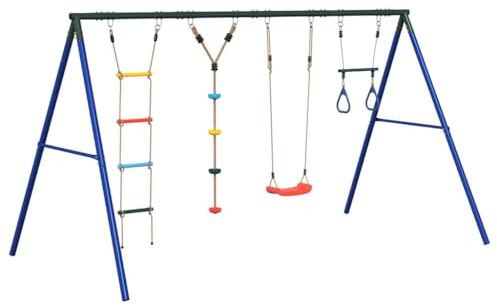 Schaukel-Set mit Schaukelsitz Trapez Strickleiter Kletterseil aus lackiertem Stahl robustes Metallgestell 341x185x185 cm für Kinder 3-10 Jahre Garten Outdoor Spielspaß