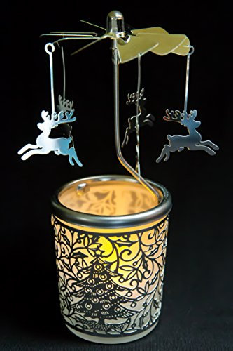 Pyramide/Rondell Silber Teelichtglas im Geschenkkarton Set inkl. Glitzerstern (Rentier)