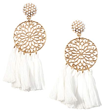 Happiness Boutique Damen Statement Ohrringe mit Quasten in Weiß | Quastenohrringe Mandala Design in Goldfarbe