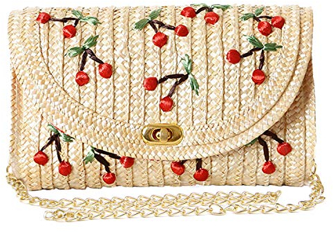 EVEOUT Stroh Clutch Umhängetasche Damen Obst Banane Kirsche Muster Mode Schultertaschen Strand Geldbörse Sommer