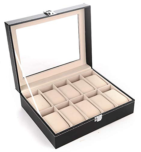 Naturer Schwarz Uhrenbox Herren Leder 10 uhren Luxus Uhrenkasten Uhrenkoffer Aufbewahrung Uhren Aufbewahrungsbox Uhrenschatulle mit Glasfenster Schloss