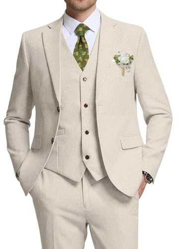 High-End Suits Retro Beige Linen Men Suit Casual Wedding Suit for Men Notched Lapel Slim Fit 3 Pieces Jacket Blazer XS
