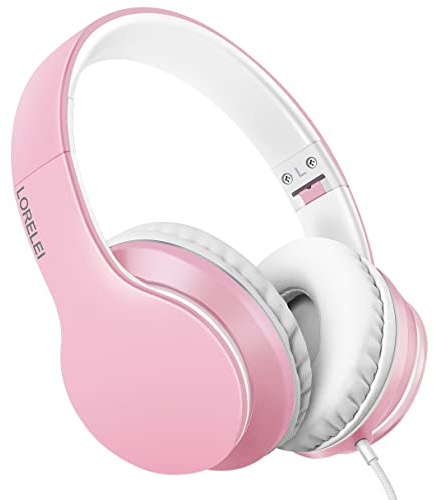 LORELEI X6 Over-Ear Headphones with Microphone, Lightweight Foldable & Portable Stereo Bass Headphones with 1.45M No-Tangle, Wired Headphones for Smartphone Tablet MP3 / 4 (Pearl Pink)