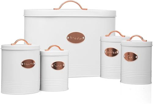 Denny International 5PC Kitchen Food Storage Set Bread Bin, Biscuit Tin and Tea, Coffee & Sugar Canister Set, Vintage Classic Inspired Metal Storage Set BY Crystals® (White)
