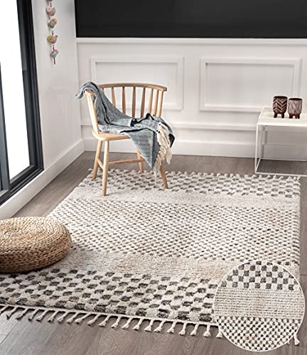 the carpet Vera Handmade-Look, Super Weicher Wohnzimmer Teppich, 3D Effekt, Hochflor, Langflor, Fransen, Skandinavisch, Kariertes Muster, Beige, 80 x 150 cm