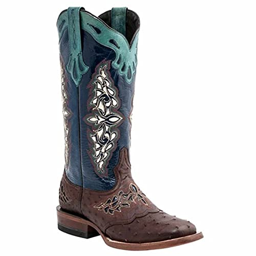 BBOOY Stivali Western da Donna, Stivali da Equitazione Vintage con Tacco Grosso Cowgirl Cowboy a metà Polpaccio con Punta Quadrata in Pelle Ricamata,Blu,37