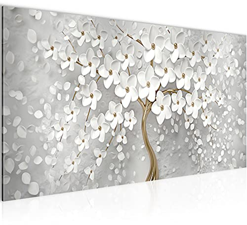 Runa Art Wandbild Blumen 1 Teilig 100 x 40 cm Modern Bild auf Vlies Leinwand Abstrakt Baum Wohnzimmer Weiss Gold 039712a