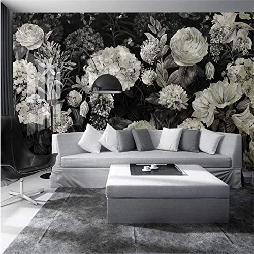 Hand Painted Retro Black and White Background American Floral Wallpaper Mural Restaurant Cafe Industrial Decor Wall Paper 3D-400*280cm