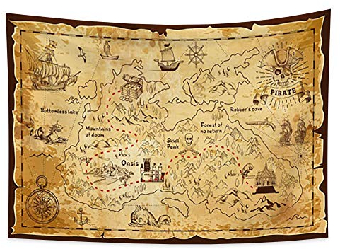 YONGFOTO 100x70cm Karte Wandteppich, Westliche Schatzkarte Insel Route Karte Piraten Handgemalte Gold Geheime Karte Meer Navigation Wandteppich für Wohnheim Dekor Weiche Bettdecke E-Lektion