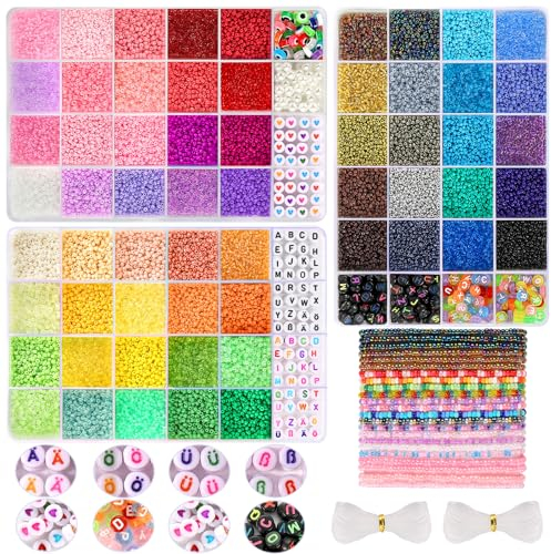 Funtopia 36600pcs+ Seed Beads for Jewelry Making, 60 Colors Small Beads for Bracelets Making, 2mm Tiny Glass Beads, Letter Beads and Evil Eye Beads, DIY Art Craft Kit for Girls Women