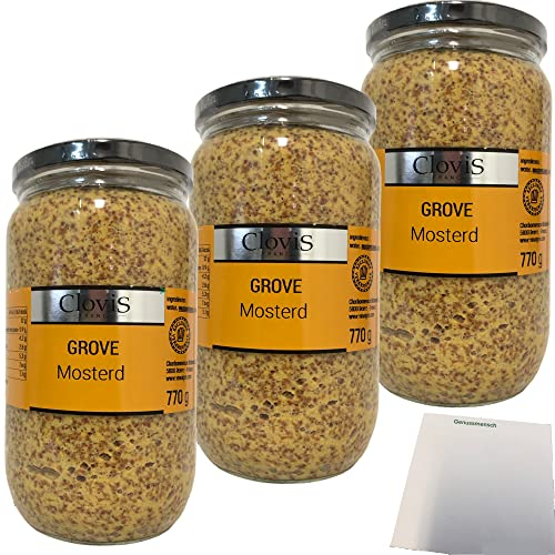 Clovis Grove Mosterd grober Senf 3er Pack (3x770g Glas) + usy Block