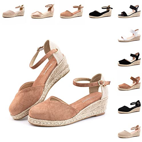 Hitmars Sandalias Mujer Verano Plataforma Alpargatas Cuñas Esparto Cerradas Planas Zapatos Tacón Medio Fiesta Tiras Vestir Punta Moda Caqui EU38
