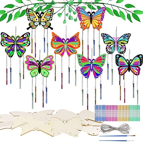 Schmetterling Windspiel Bastelset, 8 Stück Bastelset Windspiel Kinder Windspiel, DIY Windspiel Basteln Bastelset mit 32 Windspiele+2 Malpinseln, Windspiele für Draußen Bastelsets für Kinder