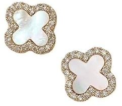 3 Paar Glücksklee-Ohrringe für Damen und Mädchen, 14 Karat vergoldet, 925er Silber, Nadel, Titan, hypoallergen, Schmuck, Damen-Geschenk (weiß), Zink, Erstellter Moissanit