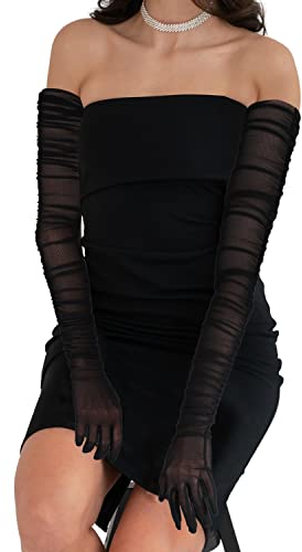 Damen Lange Handschuhe, Sexy Tüll Handschuhe Lang Elegant Opernhandschuhe Transparente Handschuhe Super Lang Tanzhandschuhe für Kostümparty Halloween-Abend (Schwarz)