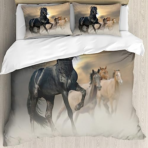 Juego de ropa de cama infantil, diseño de caballos corriendo, estampado 3D, diseño de animales y caballos, funda nórdica para niños, jóvenes, con cremallera y funda de almohada (negro2, 135 x 200 cm)