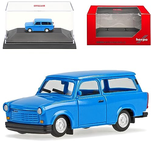 Trabant 601 1.1 Kombi Universal Blau 1964-1990 mit Sockel und Vitrine H0 1/87 Herpa Modell Auto mit individiuellem Wunschkennzeichen