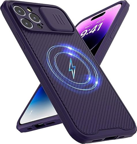 OUBELI Cover per iPhone 15 Pro Custodia Compatibile con MagSafe Scorrevole Protezione Fotocamera Magnetica Cover Morbido silicone TPU Bumper antiurto Protettiva Case -viola