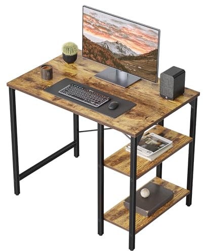 CubiCubi Schreibtisch, Computertisch mit 2 Ablagen auf der rechten oder linken Seite, 90 x 48 cm PC Tisch, Bürotisch fürs Büro Wohnzimmer, Stabil Stahlgestell Industrie-Design, Vintagebraun