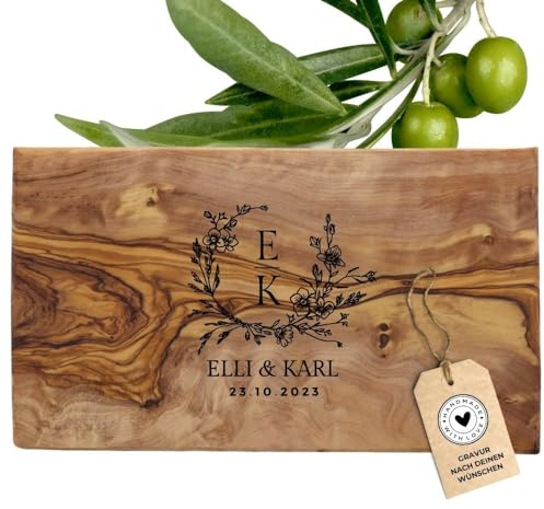 HOFMEISTER® Frühstücksbrett Gravur personalisiertes Geschenk - Schneidebrett aus Olivenholz, Geschenkidee zur hölzernen Hochzeit, für Paare oder Verliebte zum Jahrestag, Valentinstag, 25 cm