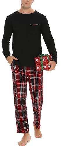 Vlazom Herren Pyjama Set Lang Zweiteiliger Schlafanzug Herren Kariert Flanell Hose und einfärbiger T-Shirt(XXL,Stil D-Schwarz)