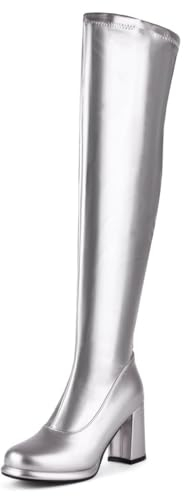 Stivali sopra Il Ginocchio con Plateau di Lusso da Donna, Stivali discot con Tacco Grosso Color Oro Argento Sexy, Stivali Lunghi con Tacco Alto da Sera con Cerniera alla Moda,Argento,41 EU