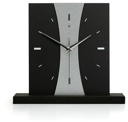 Kreative Feder Designer-Standuhr „Stripe“ aus Holz – Schwarze Tischuhr in modernem Metallic-Look ohne Ticken (Silver Stripe, leises Quarzuhrwerk)