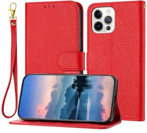 Bear Village Case for iPhone 12 Pro Max Case, PU Leather Wallet Case with Card Holder and Strap, Shockproof Protective Case with Stand for iPhone 12 Pro Max, Red