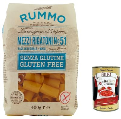 10x Rummo Pasta Mezzi rigatoni n. 51 senza Glutine, gluten free, 100% italienische Pasta nudeln glutenfrei 400g + Italian Gourmet polpa 400g