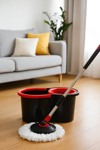 Spin Mop Bucket Set with 2 Microfibre Heads for 360 Degree Cleaning (BLACK)