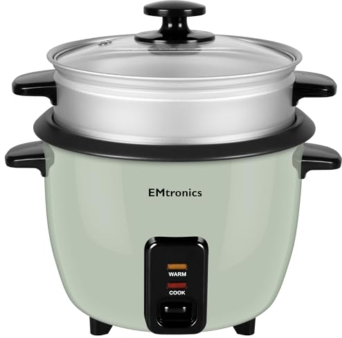 EMtronics EMRCDSSG0-6 Rice Cooker 0.6 Litre with Automatic Cooking, Steamer Tray and Warmer Function with Removable Non-Stick Bowl, Measuring Cup and Spatula 350W - Sage Green