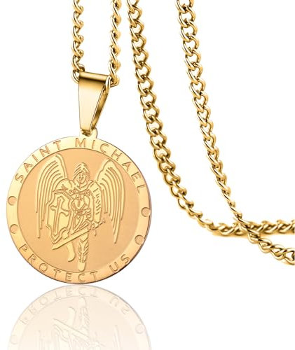 VASSAGO Erzengel St. Michael/St. Cyprian Halskette St. Michael Anhänger Erzengel Medaillon Halskette Patron Schutz Amulett Medaille Schmuck Geschenke für Männer Frauen (Gold Saint Michael halskette)
