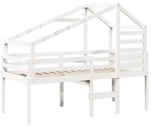 vidaXL Hochbett, Kinderbett mit Dach Leiter Sperrholzlatten, Spielbett für Kinderzimmer, Bett Holzbett Einzelbett, Weiß 80x200cm Massivholz Kiefer