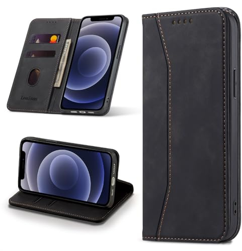 Leaisan Handyhülle für iPhone 12 Mini Hülle Premium Leder Flip Klappbare Stoßfeste Magnetische [Standfunktion] [Kartenfächern] Schutzhülle für iPhone 12 Mini Tasche - Schwarz