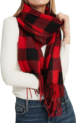 Schal Damen Winter Halstuch Schals Schlauchschal Tuch Kuschelig Damenschal Winterschal Flauschig Scarf Women Stola Warm Geschenke Halstücher Strickschal Kariert Frauen Mode Langer Rot Schwarz
