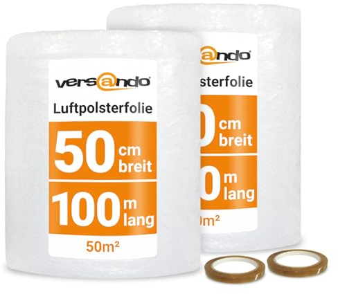 versando 2x Premium Luftpolsterfolie 100m x 0,5m Versand, Verpackung, Umzug Noppenfolie Bubble Wrap LPF Rolle und versando Klebeband 19mm x 66m