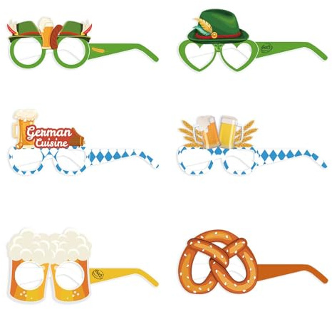 Factorys 6 Stück Oktoberfest Partybrille Funny Papier Brillen Bier Brezel Wurst Wurst Motiven Oktoberfest Foto Requisiten für Kinder Erwachsene Bayrisch Kostüm Oktoberfest Party Deko (6 Stück - A)