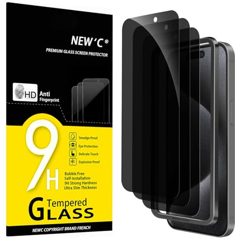 NEW'C 3 Piezas, Protector pantalla privacidad para iPhone 15 Pro (6,1 Pulgadas), Cristal Vidrio Templado Antiespia con herramienta de instalación fácil incluida - Ángulo de Privacidad 28 Grados